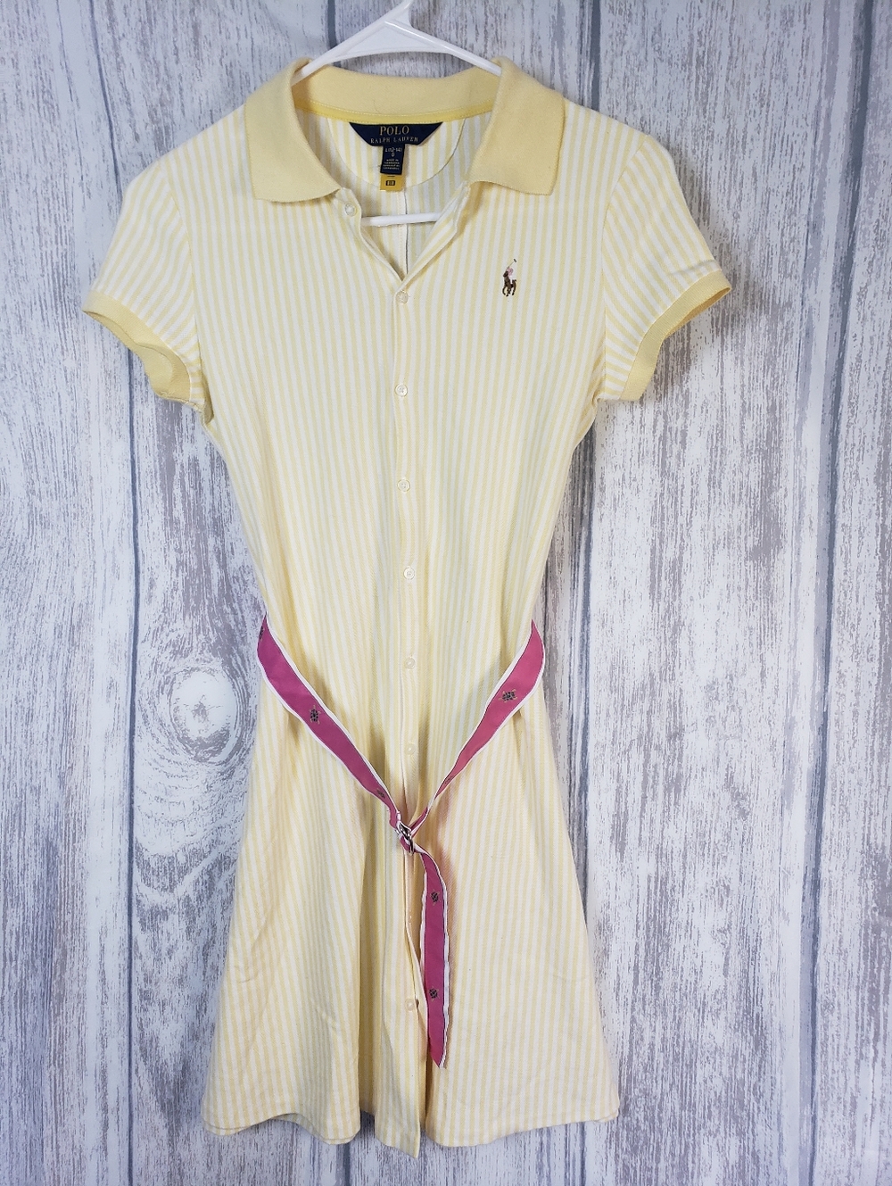 Ralph Lauren Pale Yellow Striped Polo-Style Mini Dress Pink Belt Girls L 12/14